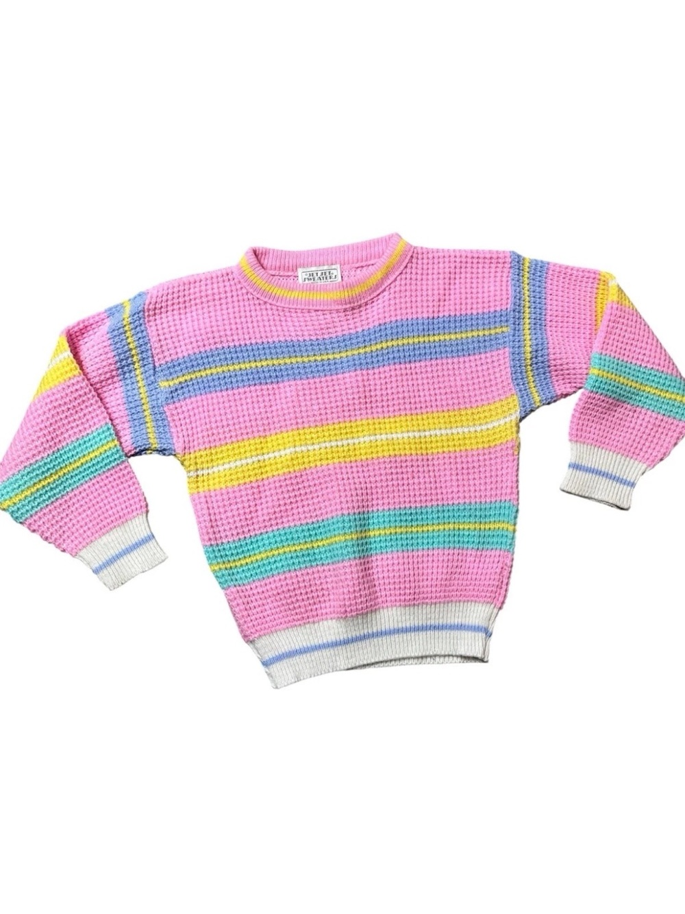Vintage 80s Girls Kids Pink Striped Knit Jet Set Sweater